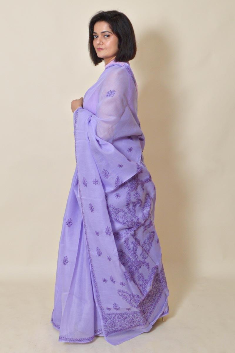 Lavender Colour Cotton  Lucknowi Chikankari saree with Blouse