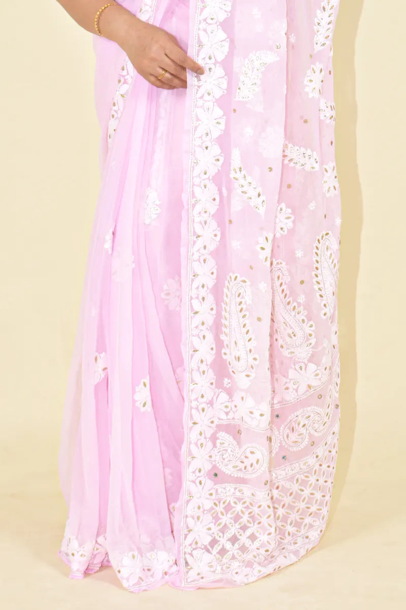 Pink Colour Georgette  Lucknowi Chikankari Saree With Blouse