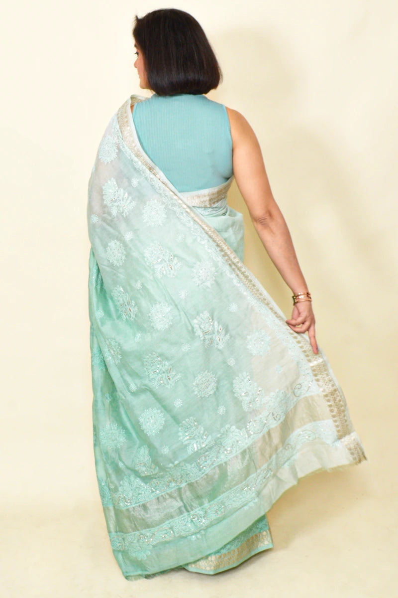 Pista Green Shaded Colour Chanderi Silk Lucknowi Chikankari Saree With Blouse