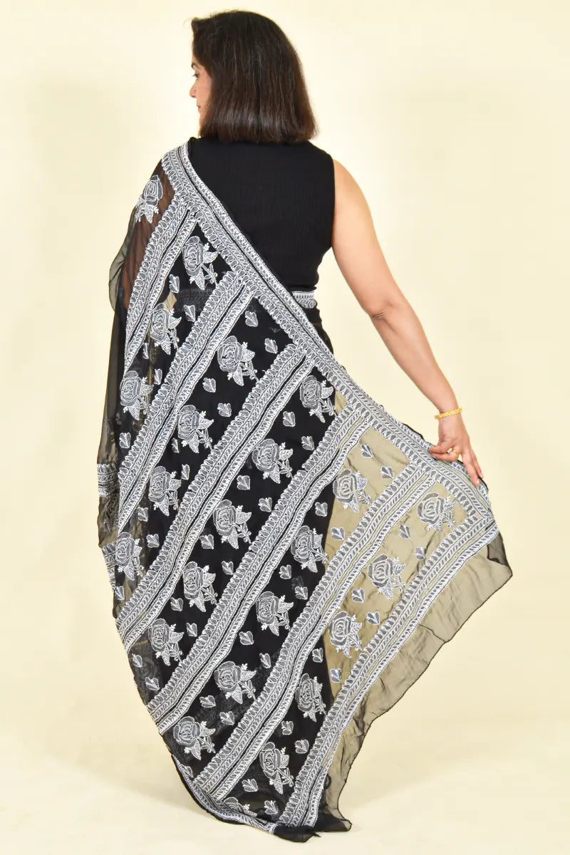 Black Colour Georgette Lucknowi Chikankari Saree With Blouse