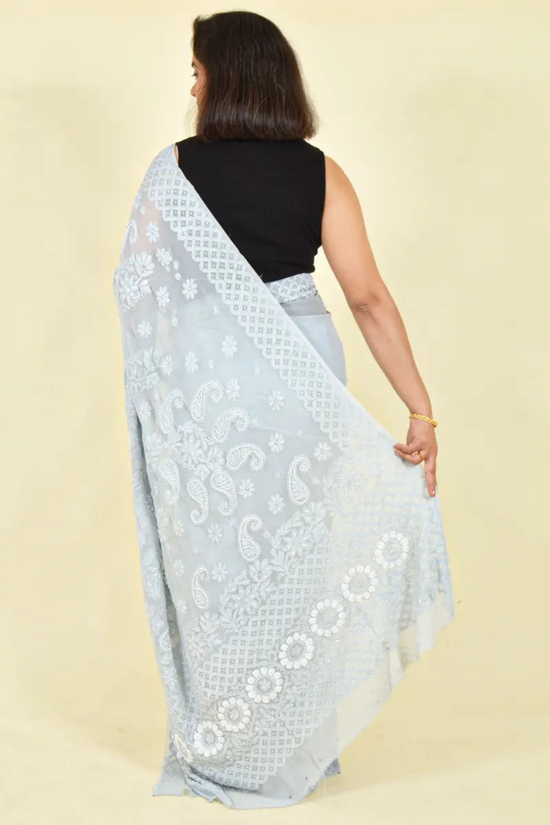 Gray Colour Georgette Lucknowi Chikankari Saree With Blouse