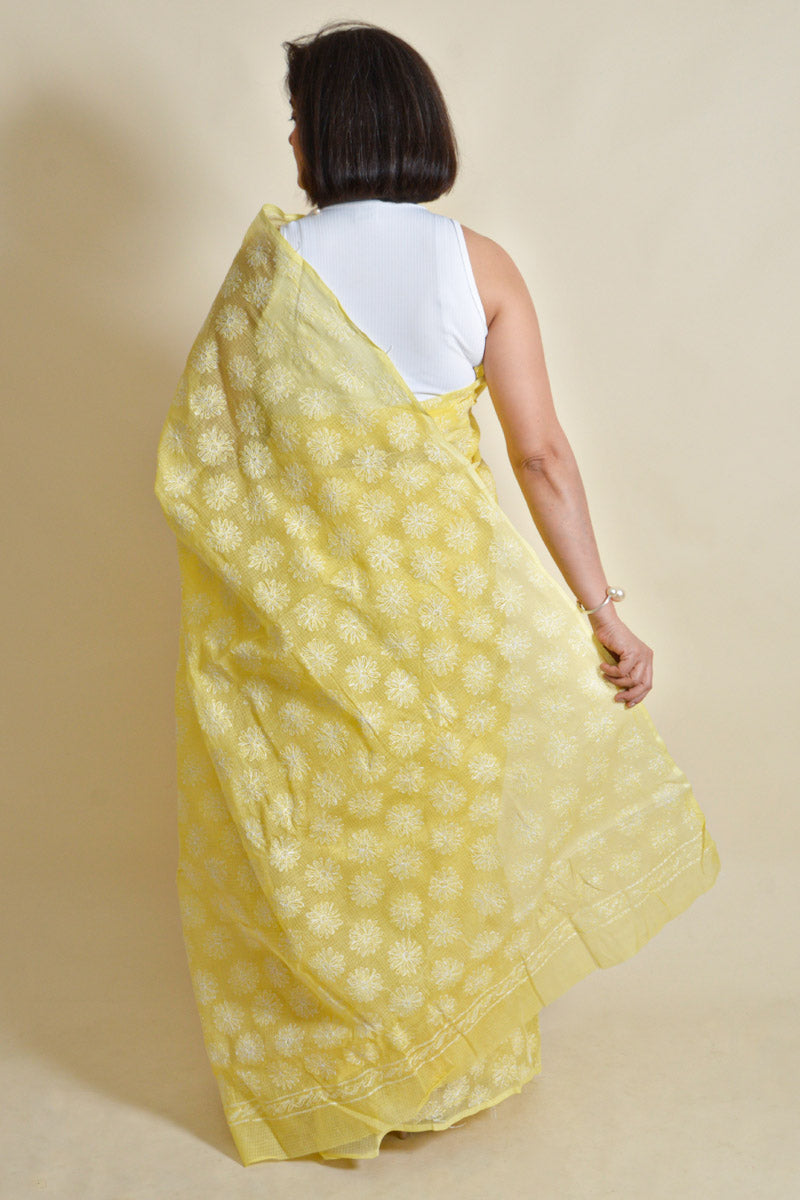 Lemon Colour Kota Cotton Lucknowi Chikankari Tepchi Saree With Blouse