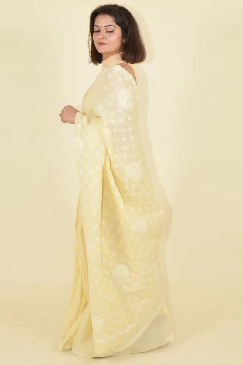 Fawn Colour Cotton  Lucknowi Chikankari Saree With Blouse