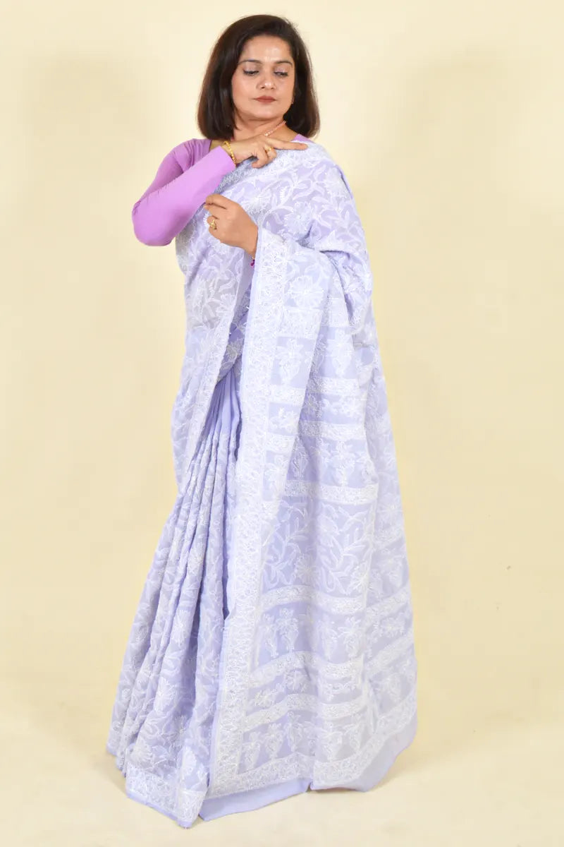 Lavender Colour Cotton Lucknowi Chikankari Saree With Blouse