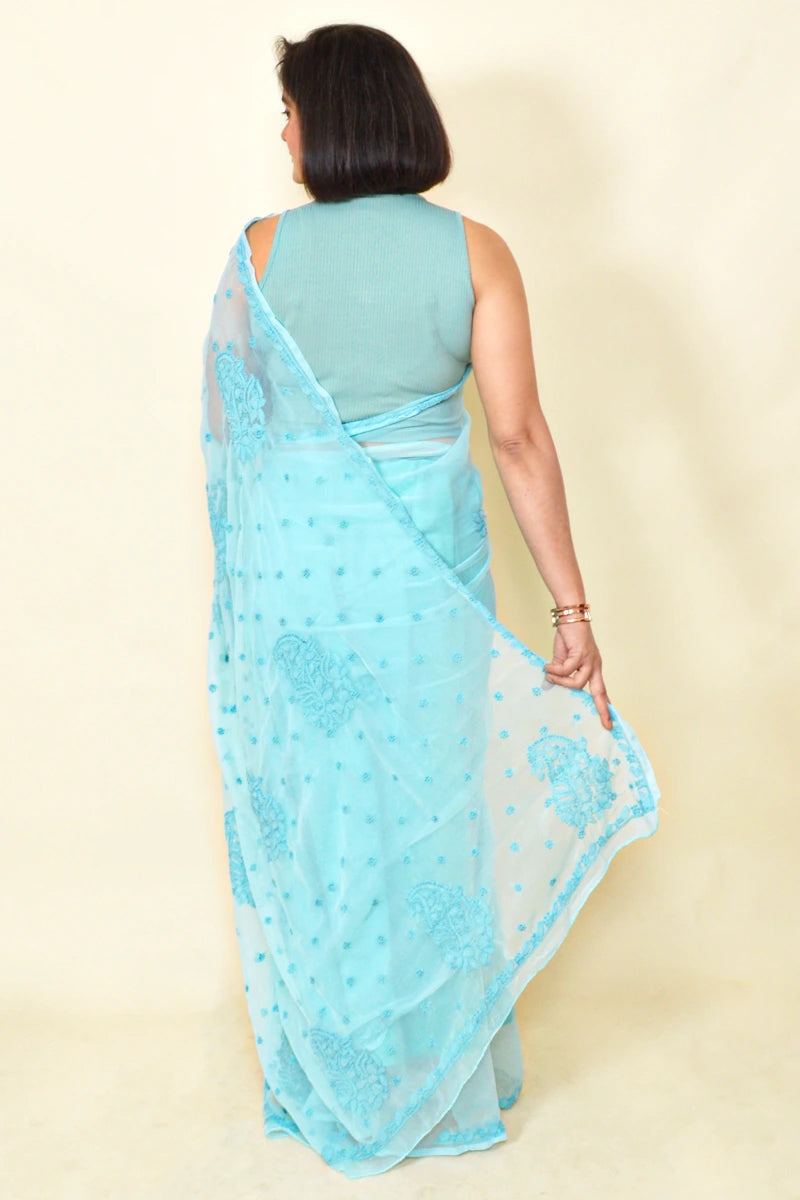 Sky Blue Colour Georgette Lucknowi Chikankari Saree With Blouse