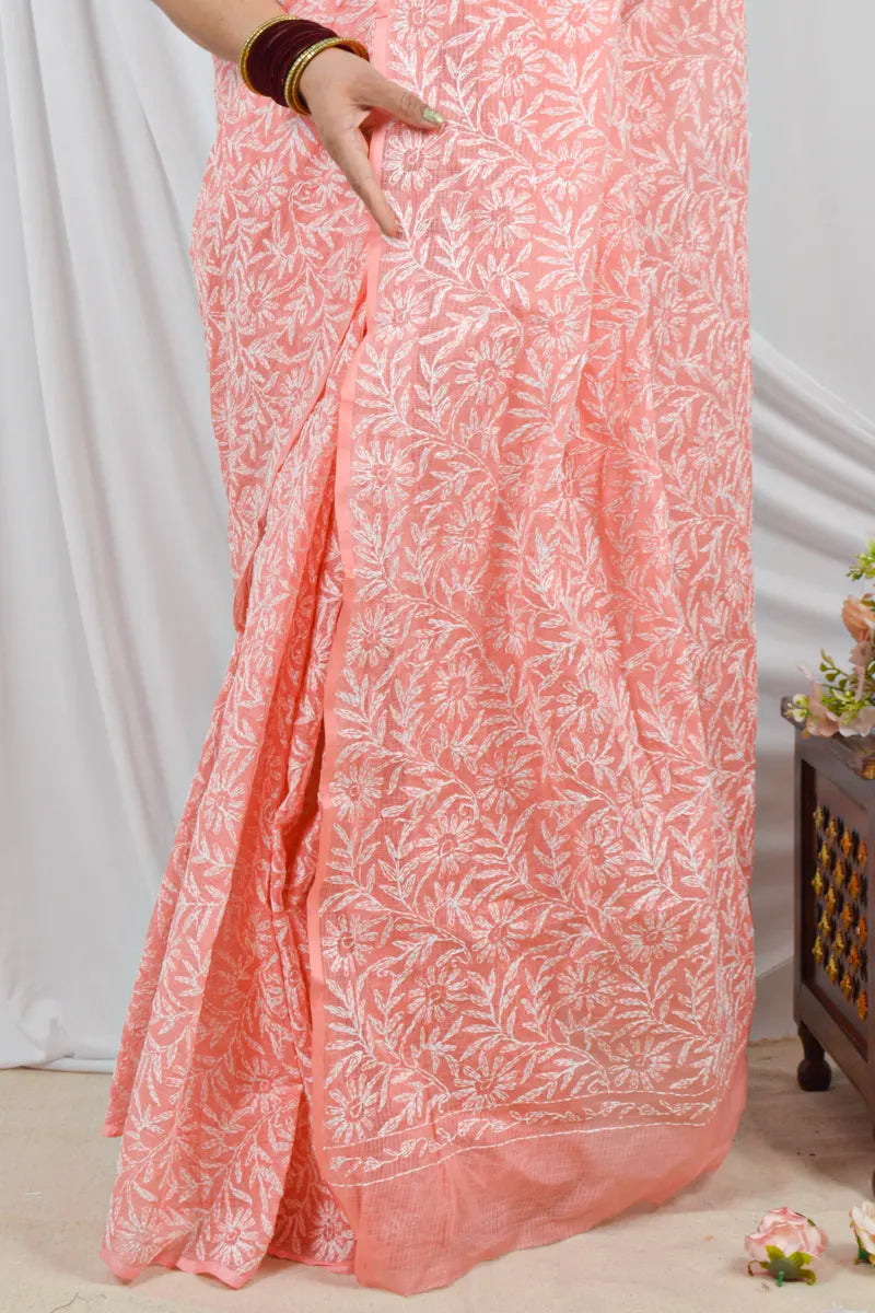 Handcrafted Peach Kota Cotton Allover Tepchi Work Saree with intricate Lucknowi Chikankari embroidery and a matching Blouse, ideal for Festive and  occasions.