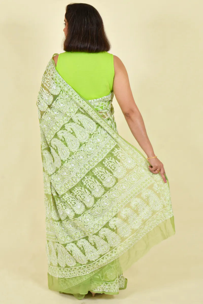 Green Colour Georgette Lucknowi Chikankari Saree With Blouse