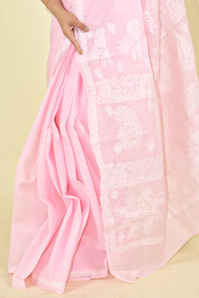 Pink Colour Cotton  Lucknowi Chikankari Saree With Blouse