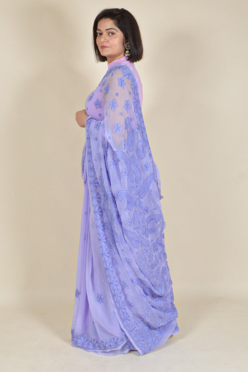 Lavender Colour Georgette Lucknowi Chikankari Saree With Blouse