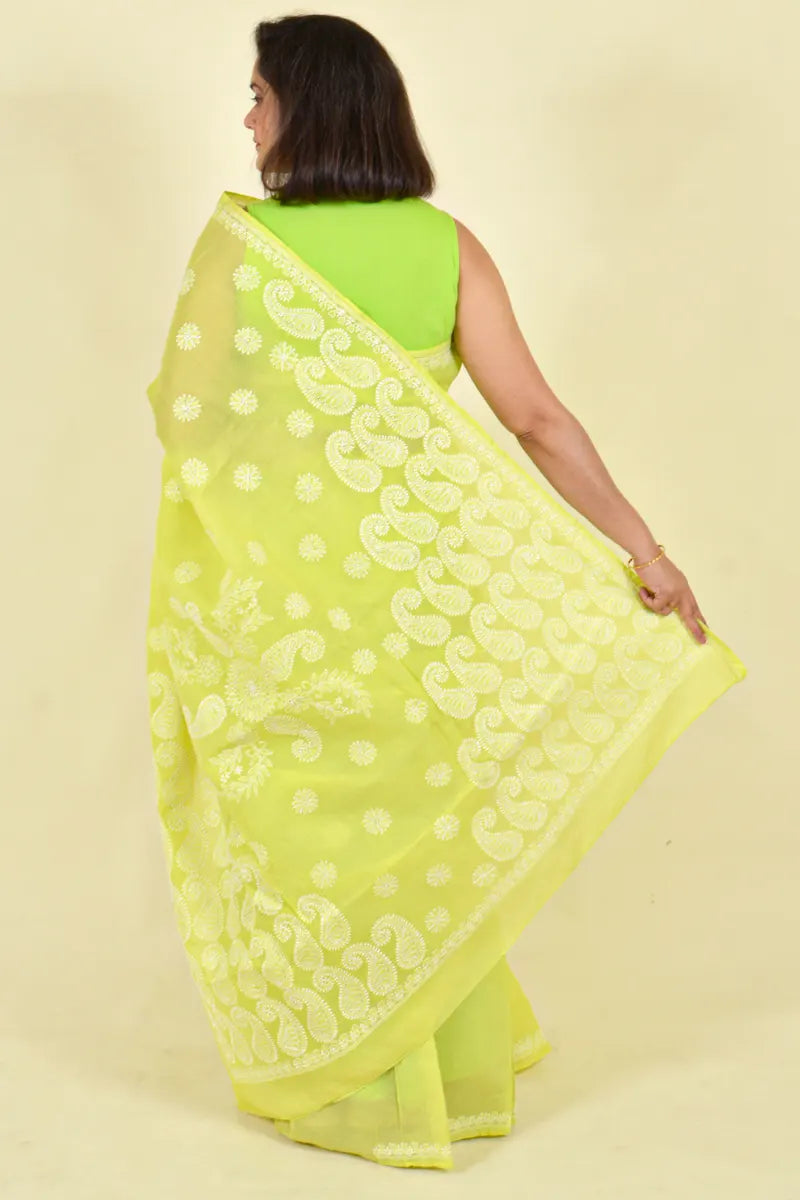 Lemon Green Colour Cotton Lucknowi Chikankari Saree With Blouse