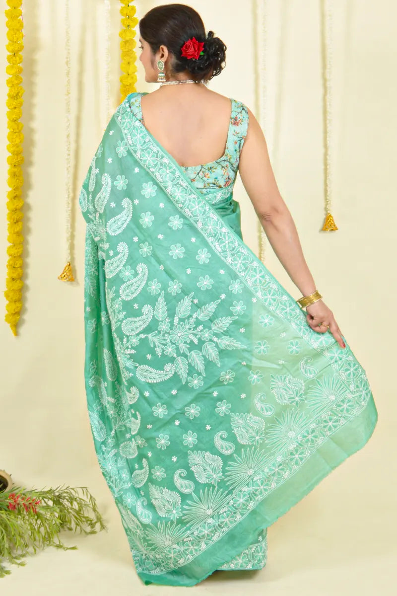 Fabnuma Handcrafted Green Tussar Silk Chikankari Saree-Blouse