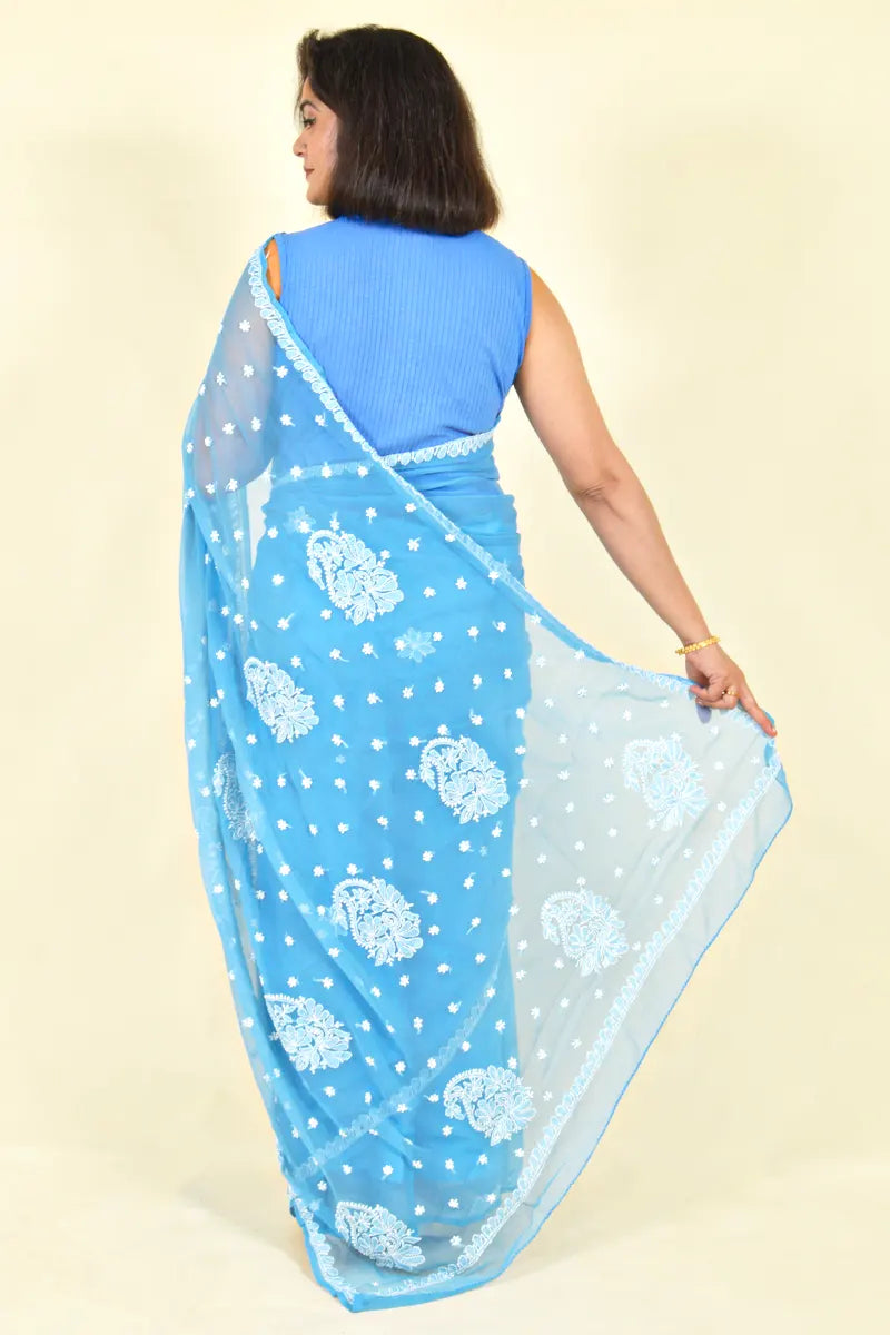 Fabnuma Handcrafted Aqua Blue Georgette Chikankari Saree-Blouse