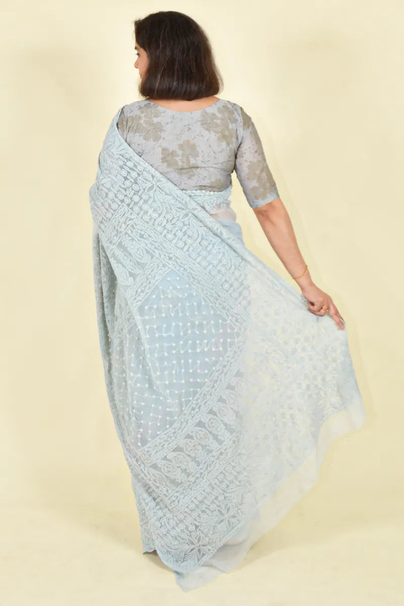 Gray Colour Georgette  Lucknowi Chikankari Saree With Blouse