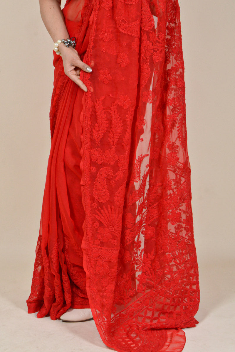 Red Colour Georgette Lucknowi Chikankari saree with Blouse