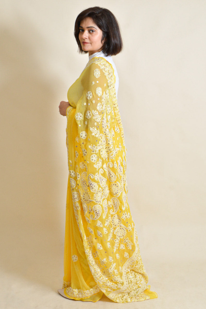 Yellow Colour Georgette Lucknowi Chikankari Saree With Blouse