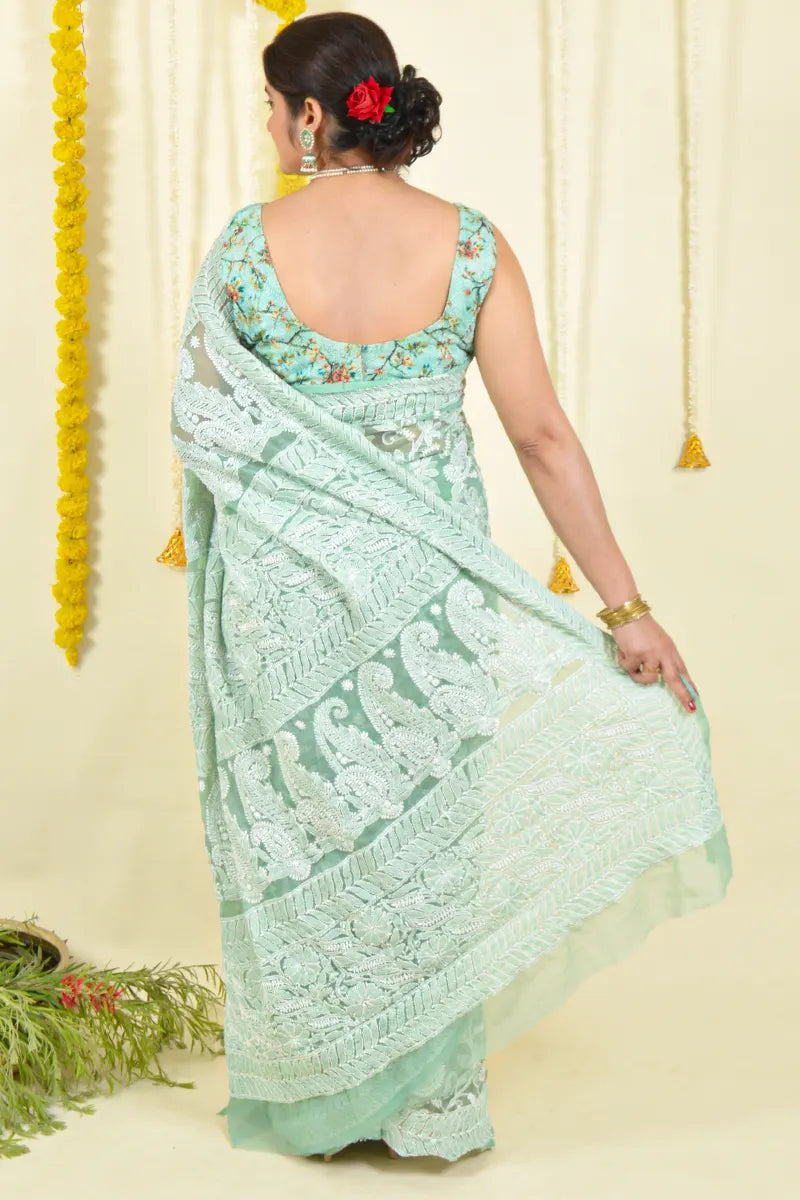 Pista Green Colour Georgette  Lucknowi Chikankari Saree With Blouse