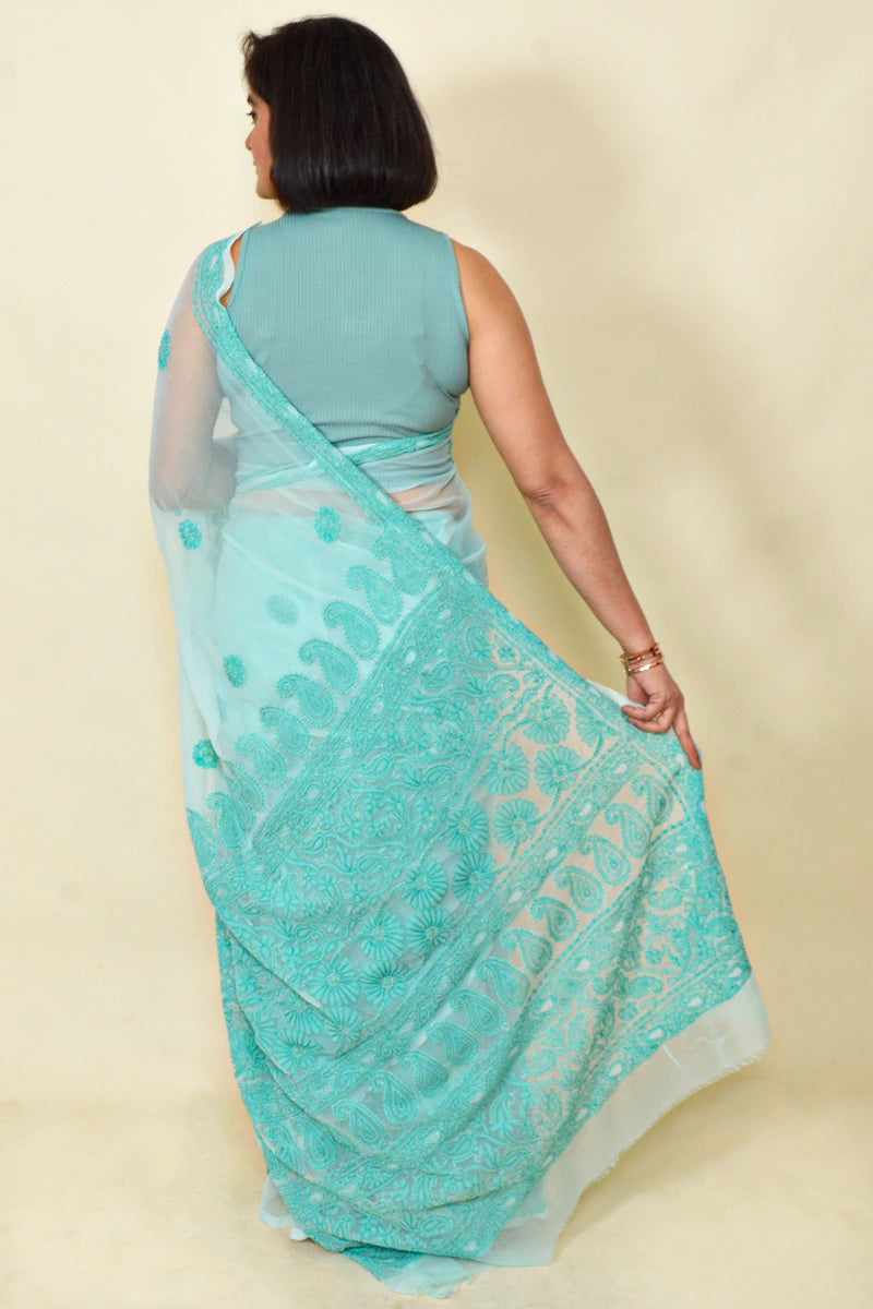 Aqua Green Colour Georgette Lucknowi Chikankari Saree With Blouse