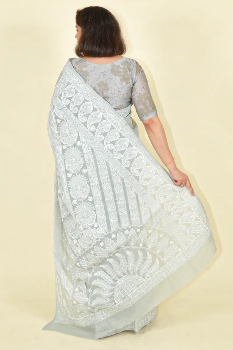 Gray Colour Cotton Lucknowi Chikankari Saree With Blouse