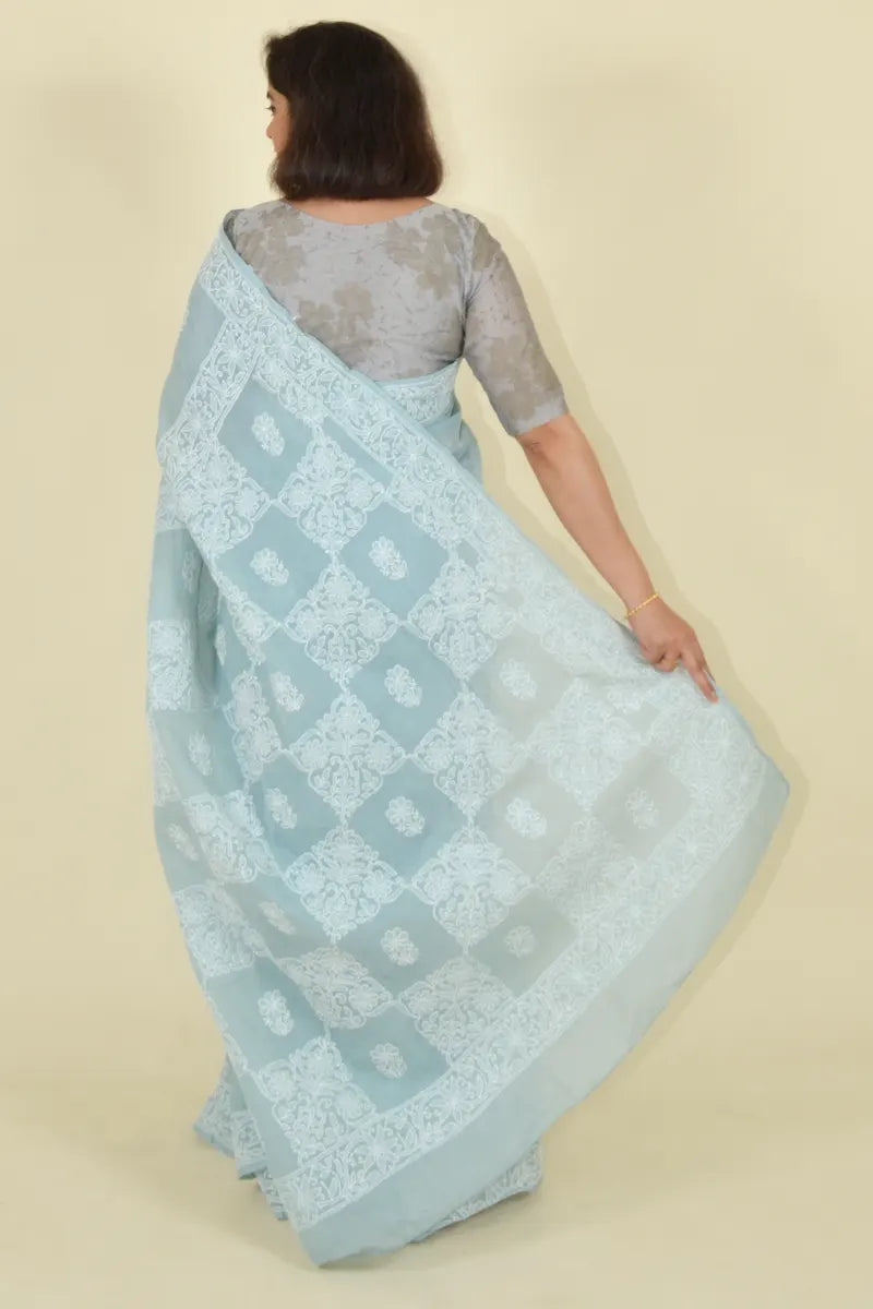 Gray  Colour Cotton Lucknowi Chikankari Saree With Blouse