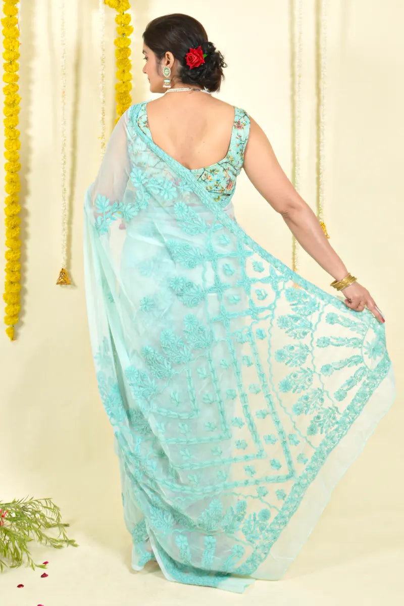 Sea Green Colour Georgette  Lucknowi Chikankari Saree With Blouse