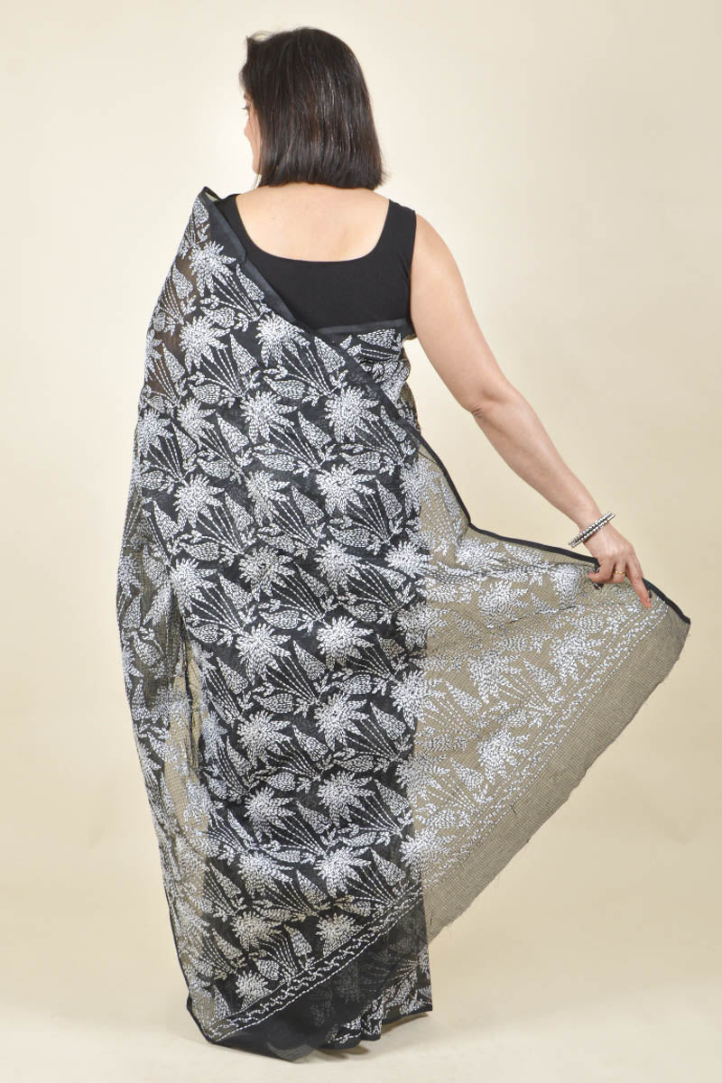 Black color kota cotton Lucknowi chikankari saree with Blouse