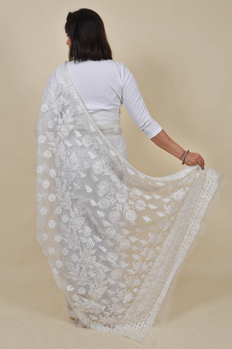 White Color Organza Lucknowi Chikankari Saree With Blouse