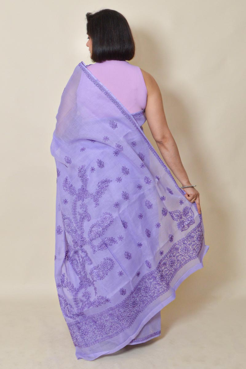 Lavender Colour Cotton  Lucknowi Chikankari saree with Blouse