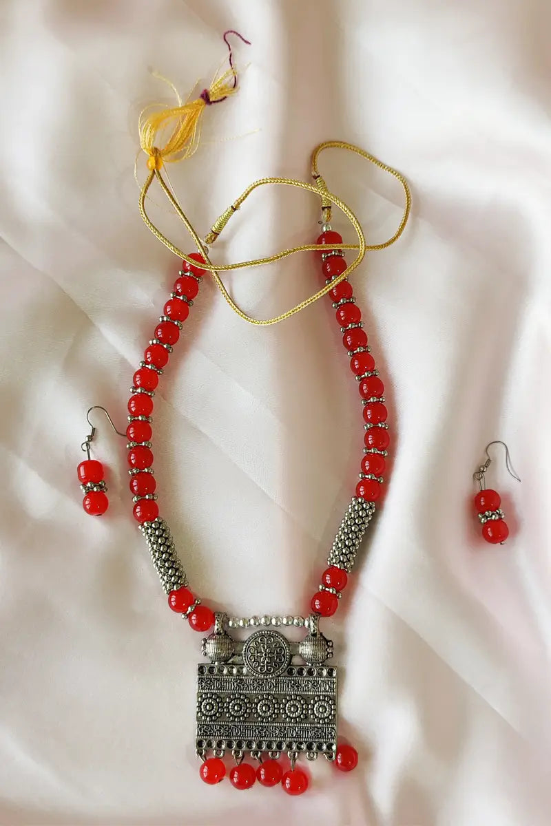 Red Color Neckpiece  Oxidise Pendant With Dangle Earrings