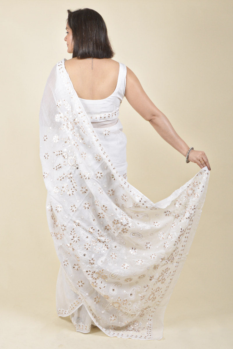 White Color Kota Cotton Lucknowi  Chikankari Saree with Blouse