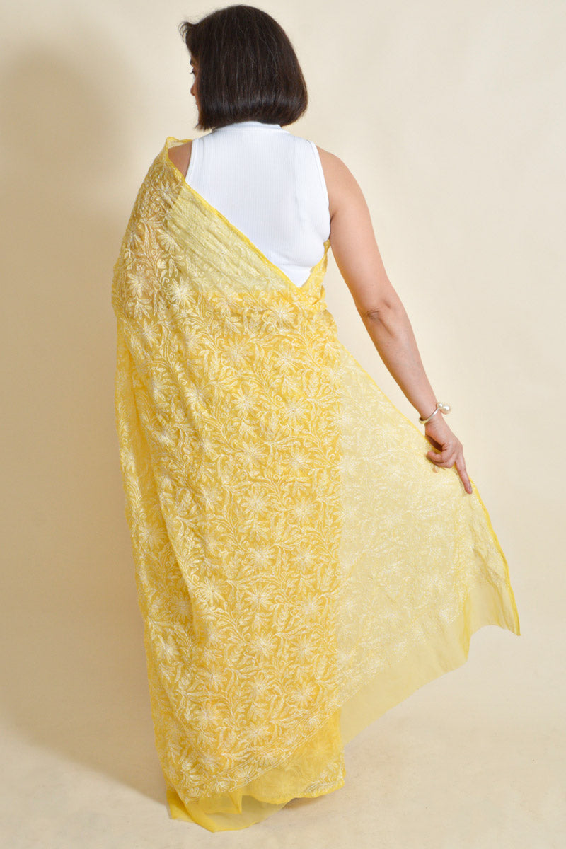 Yellow Colour Georgette Lucknowi Chikankari Saree with Blouse