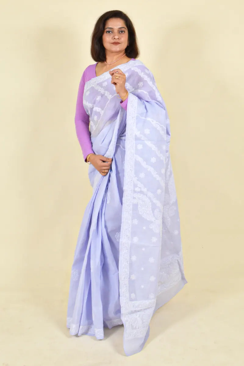 Lavender Colour Cotton Lucknowi Chikankari Saree With Blouse