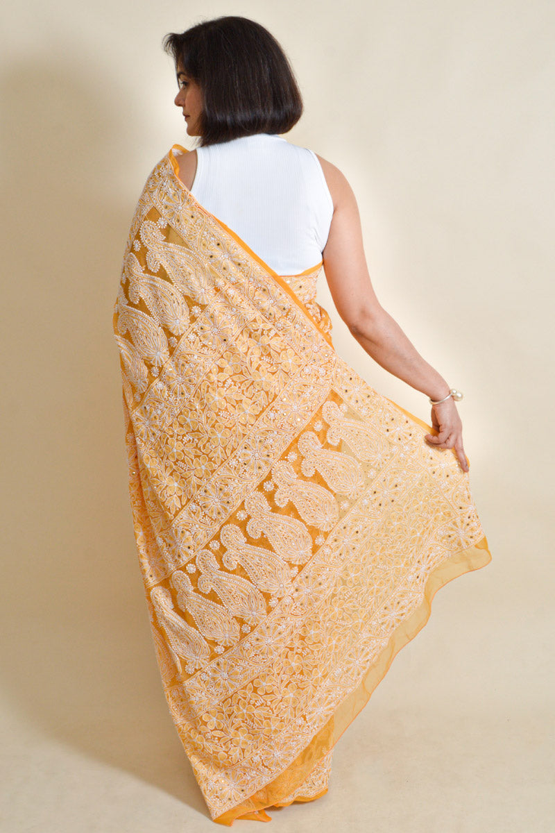 Orange Colour Georgette Lucknowi Chikankari Saree With Blouse