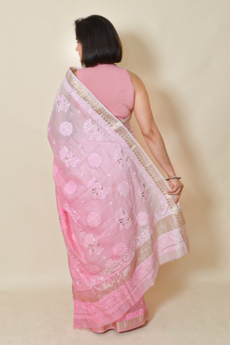 Pink Colour Chanderi Lucknowi Chikankari saree with Blouse