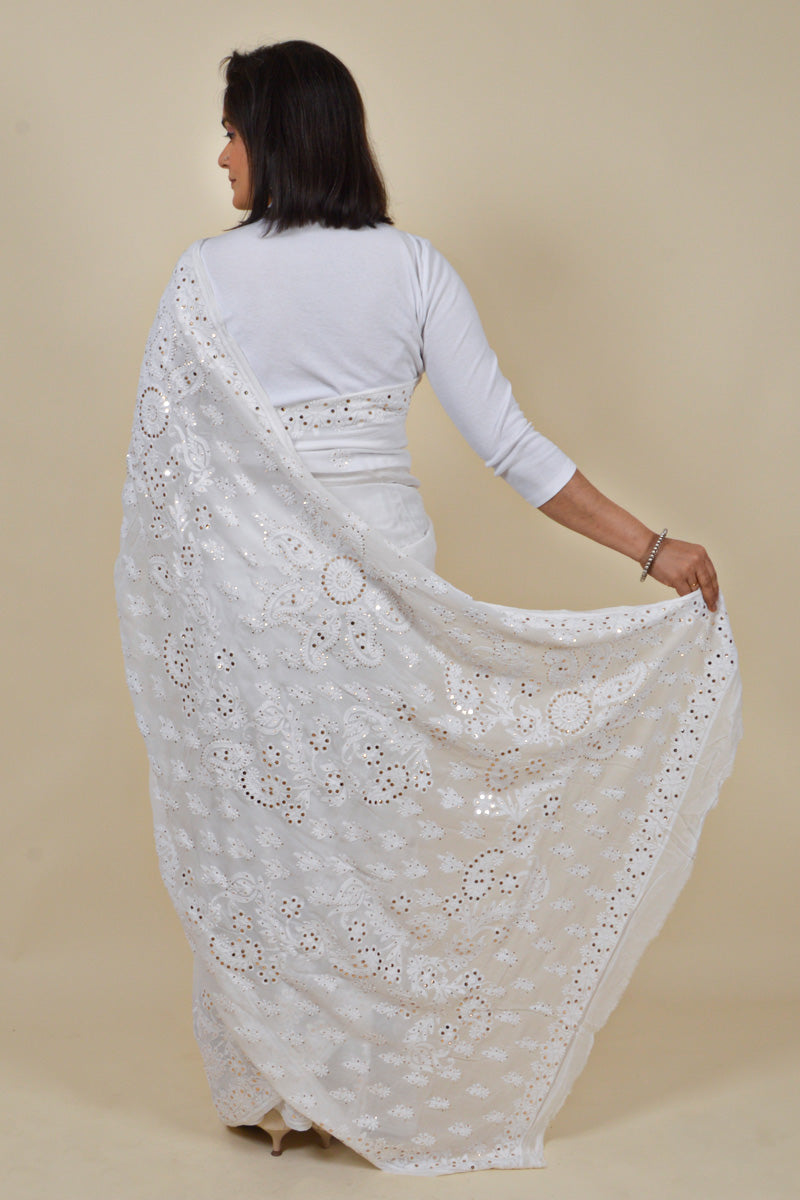 White Colour Viscose Lucknowi Chikankari Saree With Mukesh Work