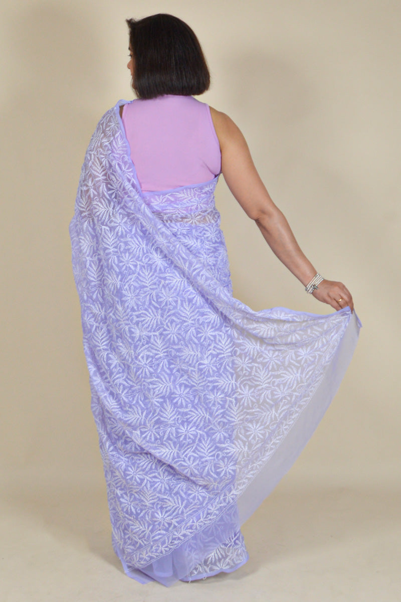 Lavender Colour Georgette Tepchi work Lucknowi Chikankari Saree with Blouse