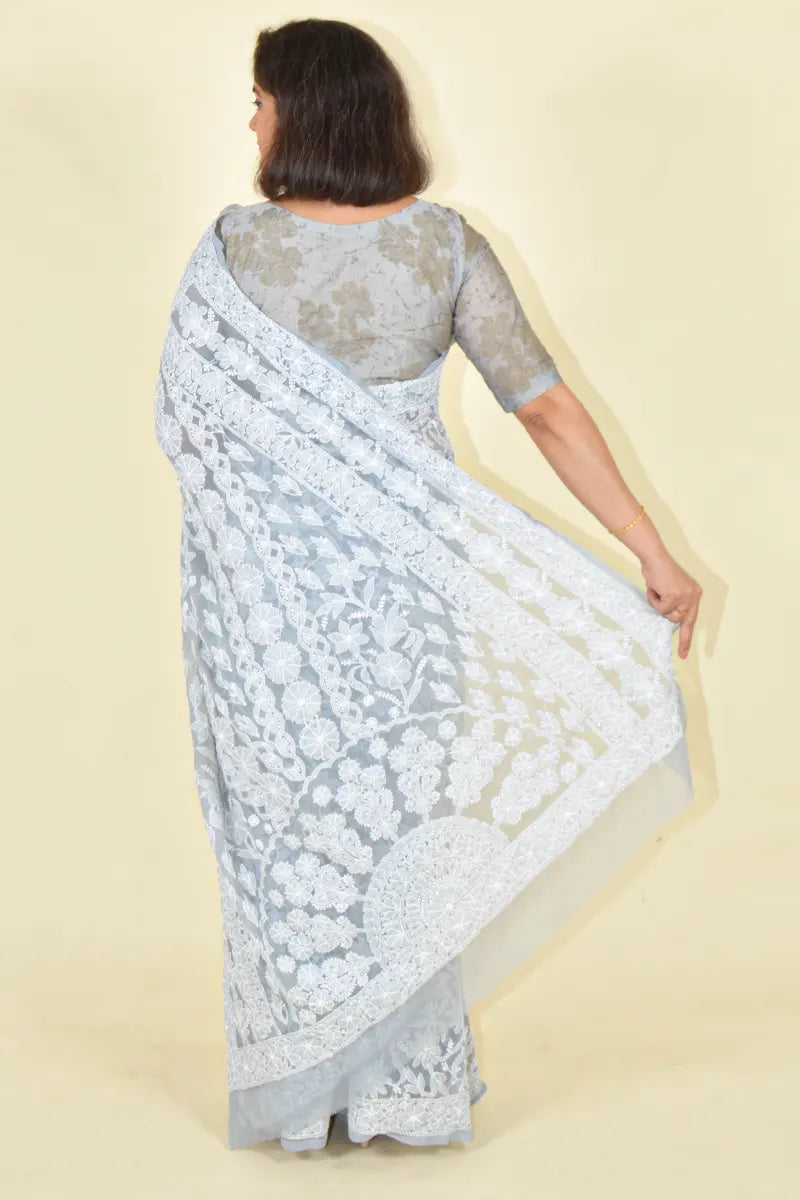 Gray Colour Georgette  Lucknowi Chikankari Saree With Blouse