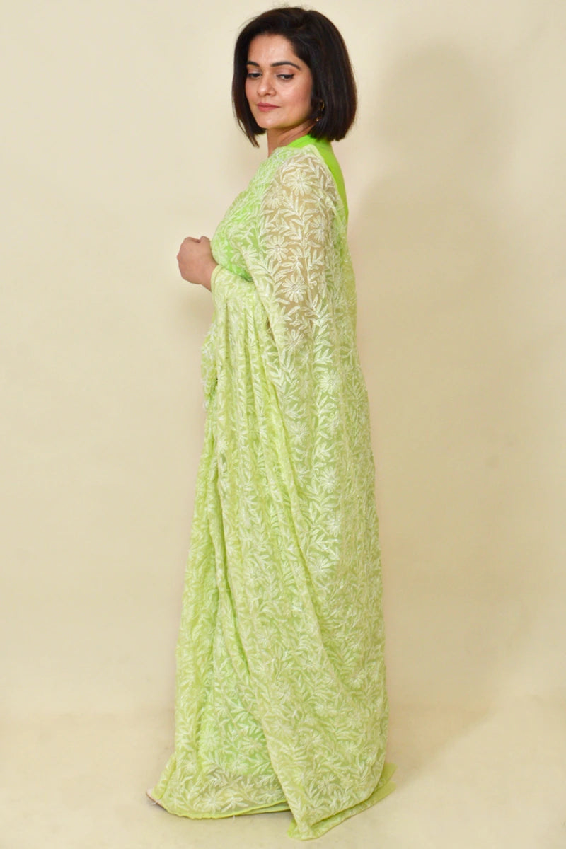 Green Colour Georgette Tepchi Work Lucknowi Chikankari Saree With Blouse