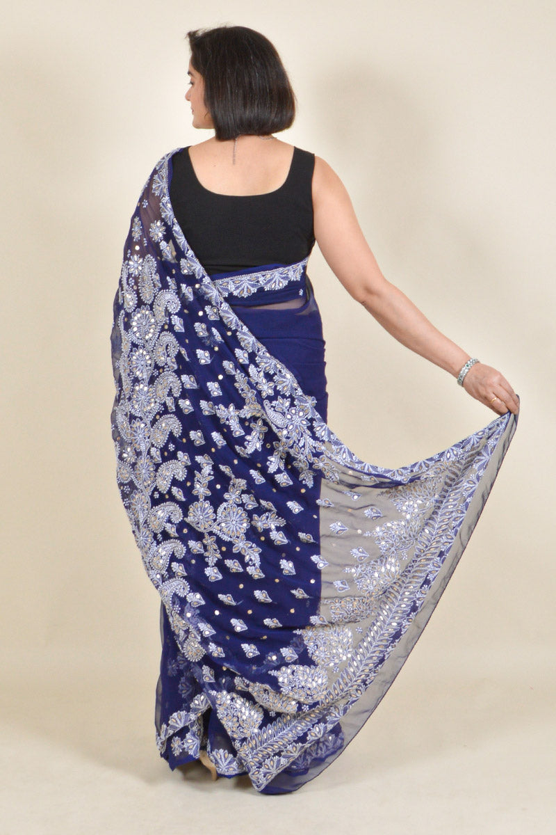 Fabulous navy selling blue lucknowi silk saree |stylebypanaash