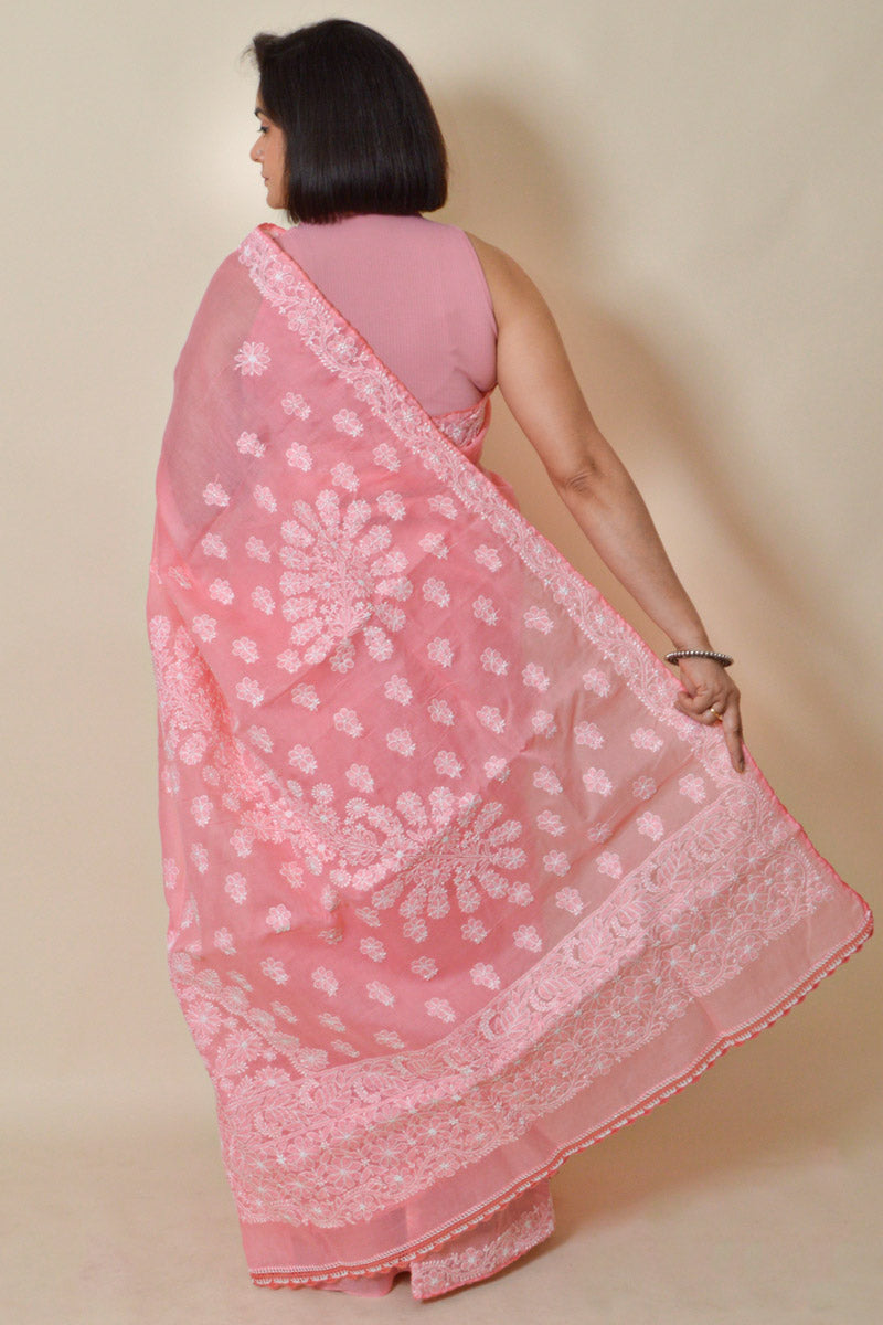 Peach Colour Lucknowi Chikankari Cotton Saree With Blouse