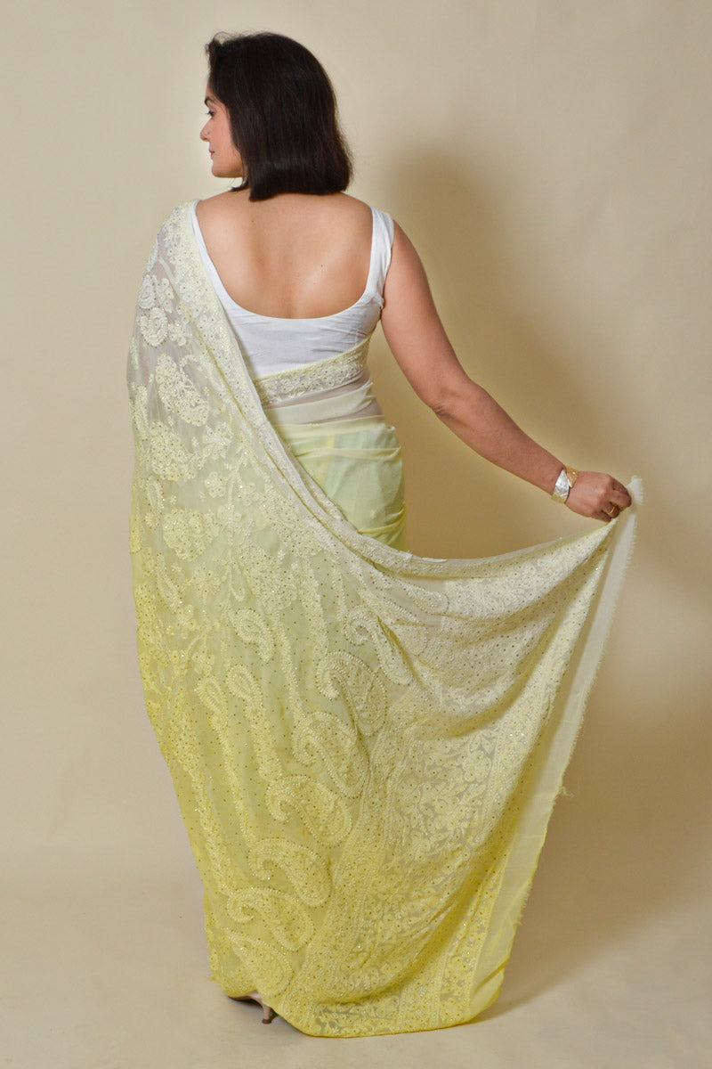 Shaded Lemon Color Viscose Lucknowi Chikankari saree with Mukesh work