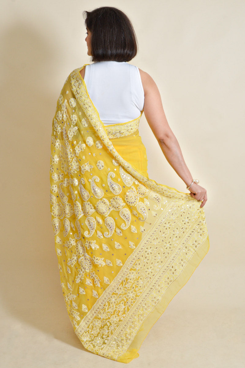 Yellow Colour Georgette Lucknowi Chikankari Saree With Blouse