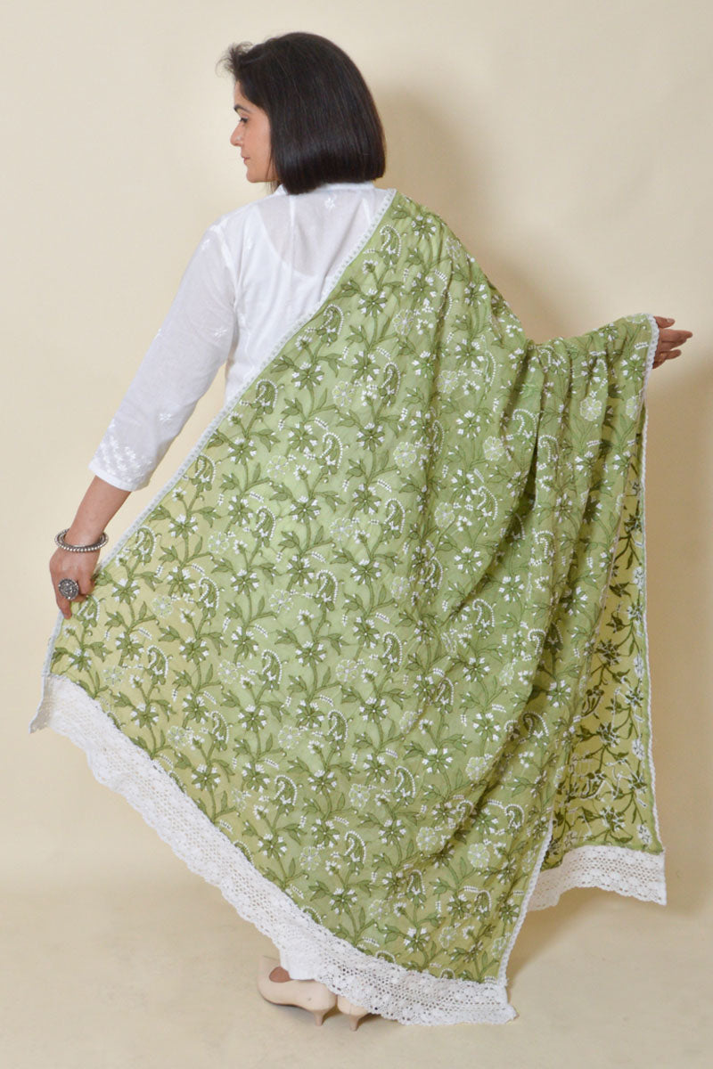 Green color cotton Allover Lucknowi Chikankari Dupatta