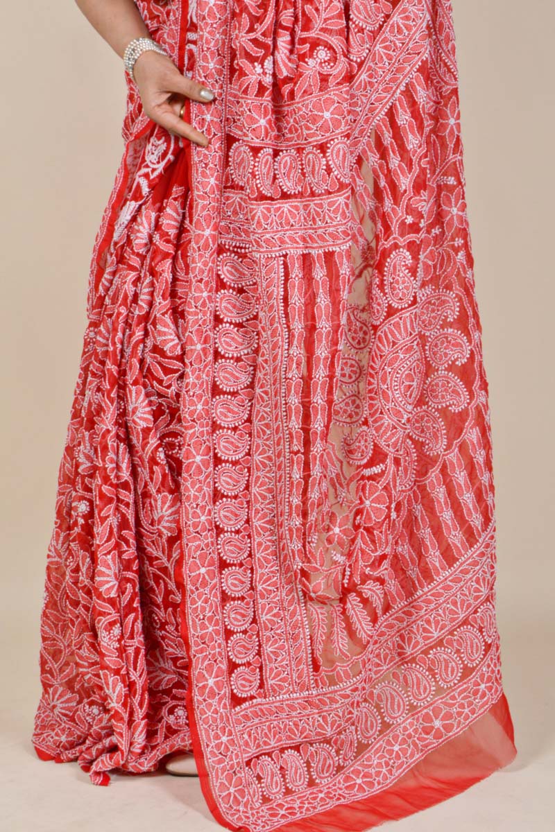 Red Colour Georgette Lucknowi Chikankari Saree With Blouse