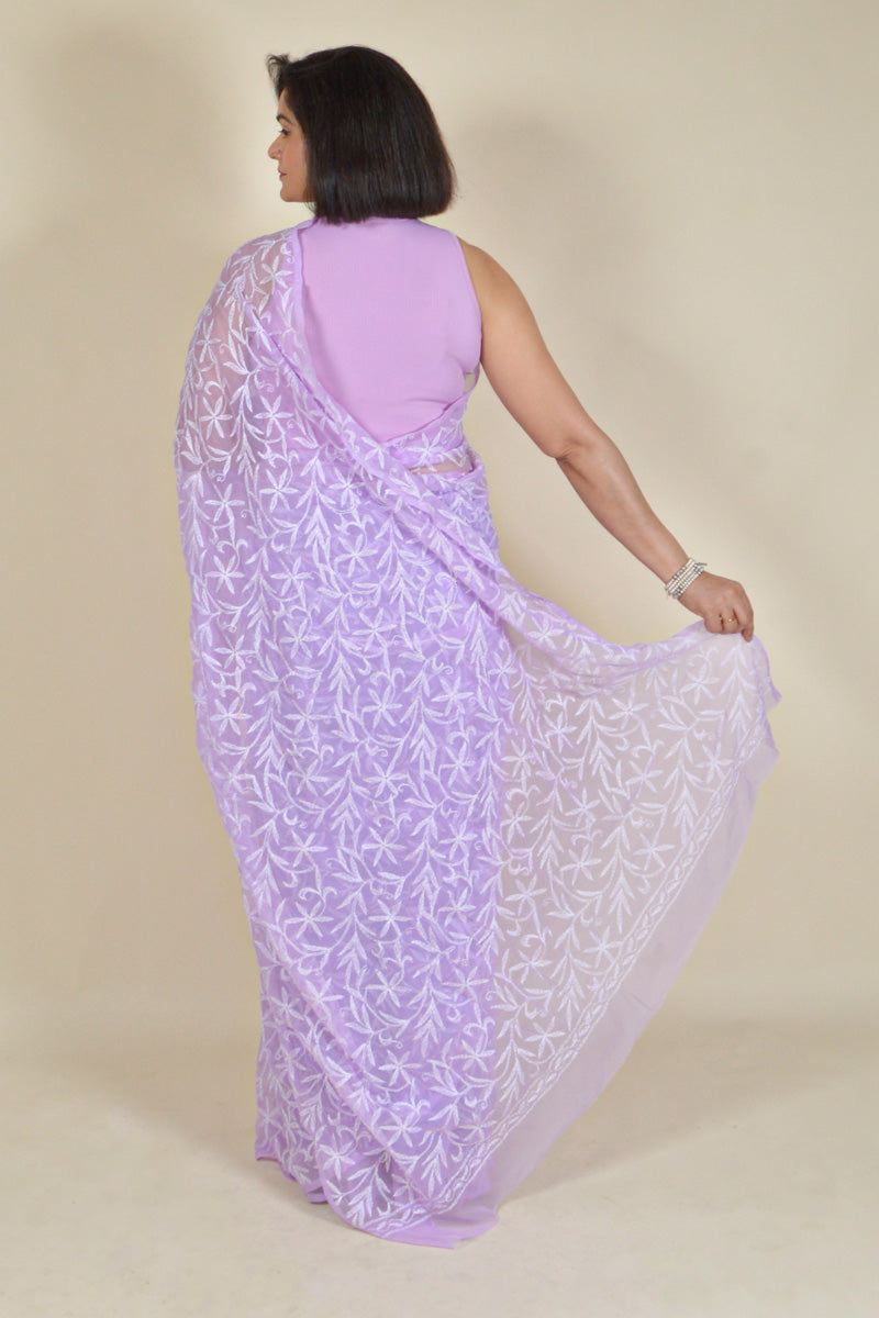 Lavender Colour Georgette Tepchi Work Lucknowi Chikankari Saree With Blouse