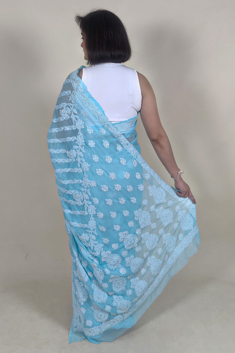 Sky Blue Colour Georgette Lucknowi Chikankari Saree With Blouse