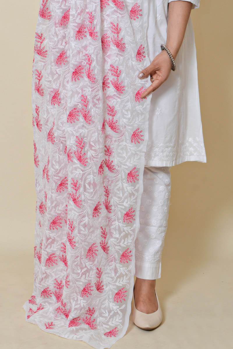 White Color Georgette Allover Tepchi work Lucknowi Chikankari Dupatta