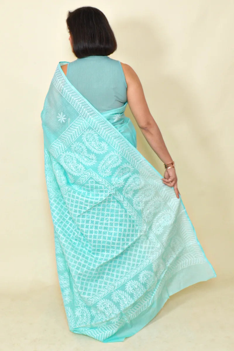 Sea Green Colour Kota Cotton Lucknowi Chikankari Saree With Blouse