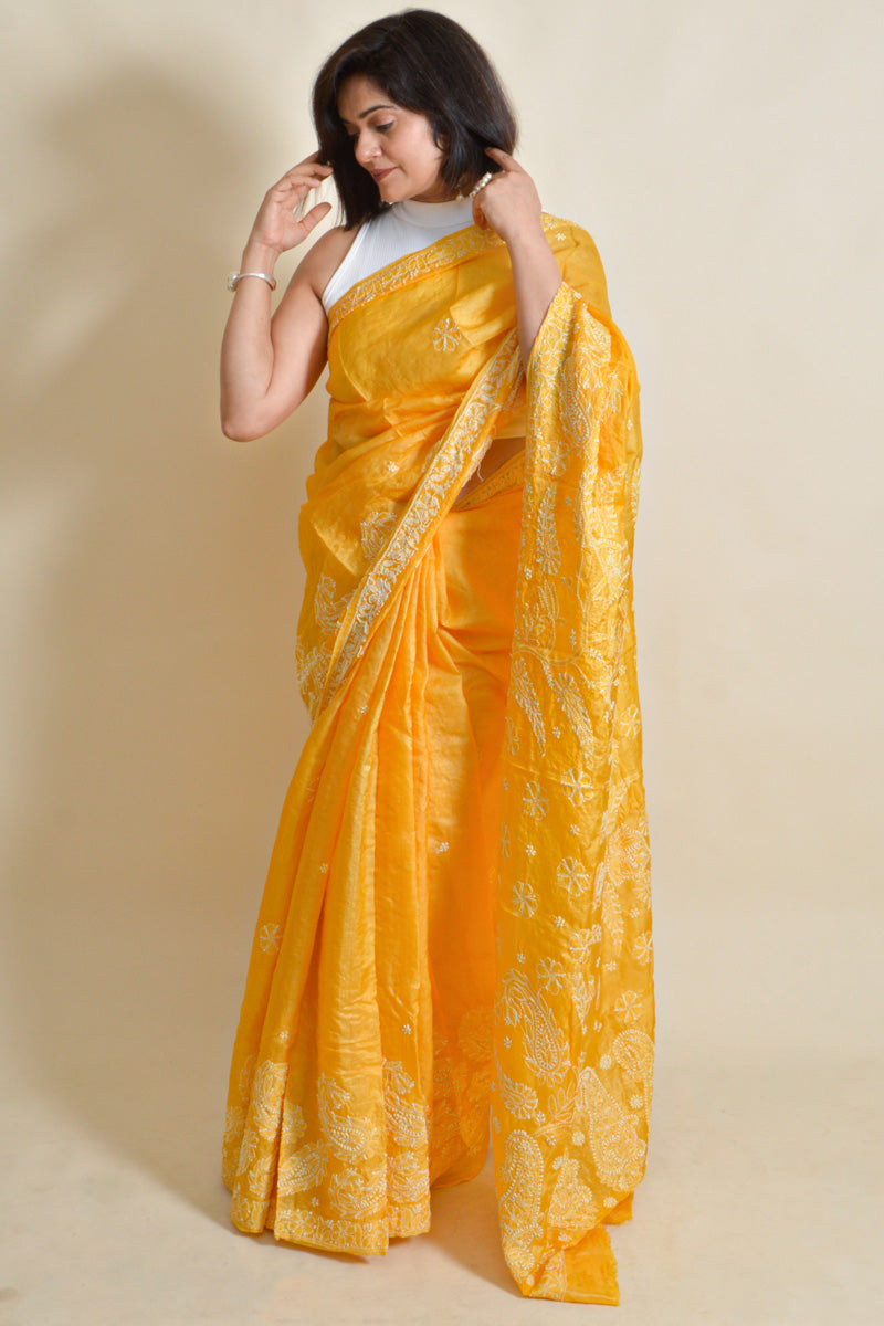 Yellow Colour  Tussar Silk  Lucknowi Chikankari Saree With Blouse