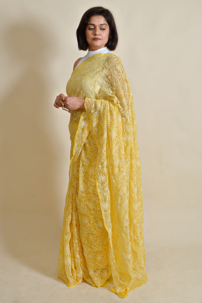 Yellow Colour Georgette Lucknowi Chikankari Saree with Blouse