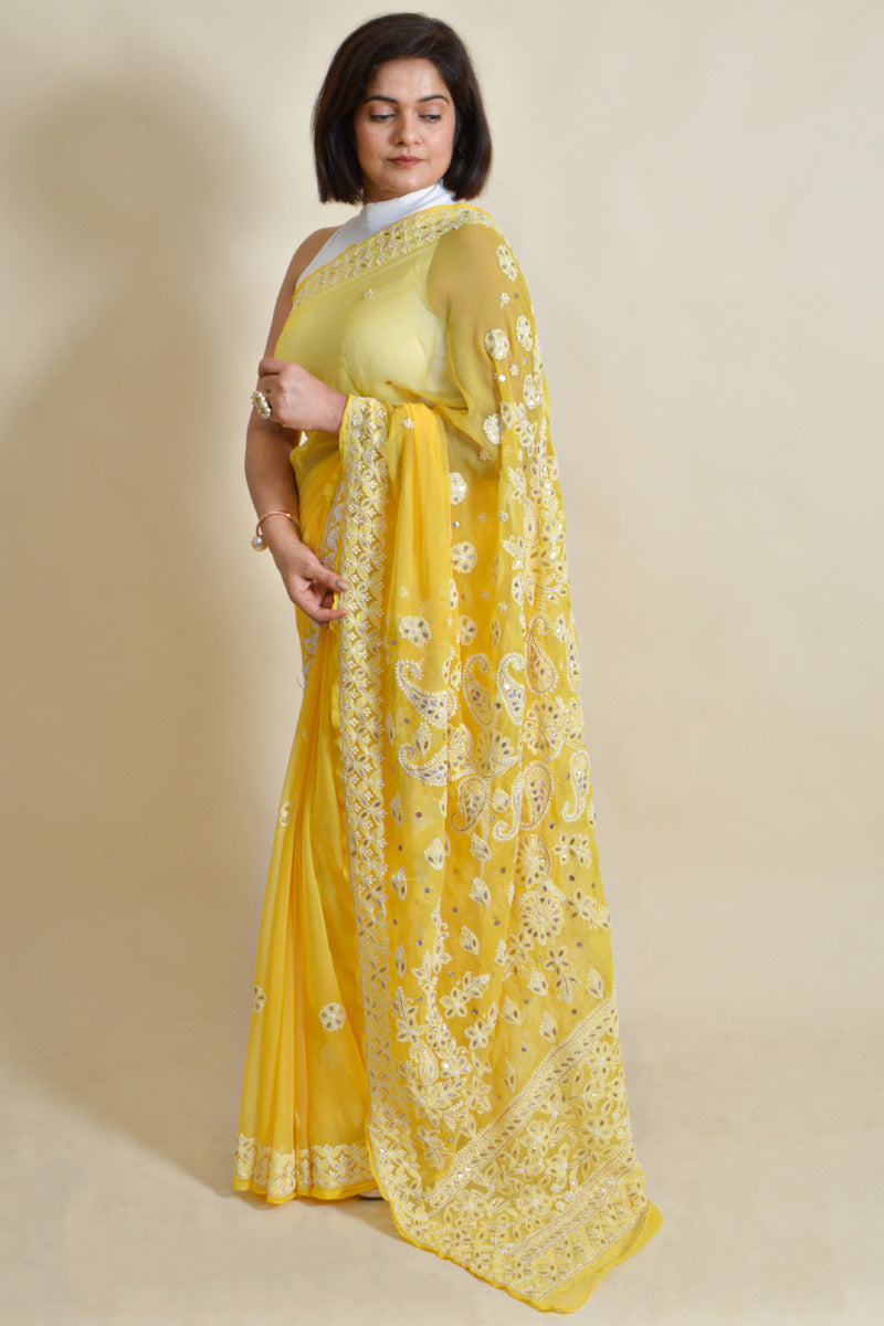 Yellow Colour Georgette Lucknowi Chikankari Saree With Blouse